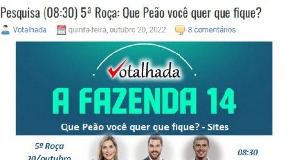 Enquete Votalhada A Fazenda 2022 atualizada 