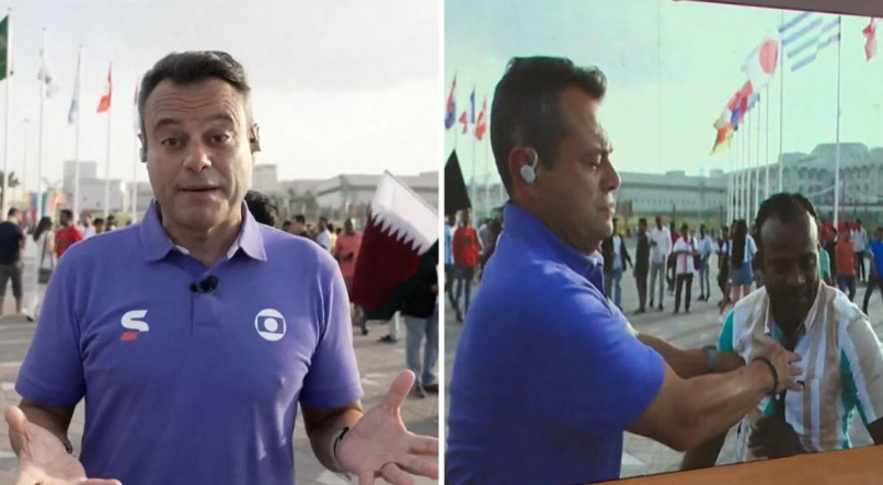 Eric Faria, da TV Globo, estava ao vivo quando deu um empurrão no torcedor em Doha, no Catar