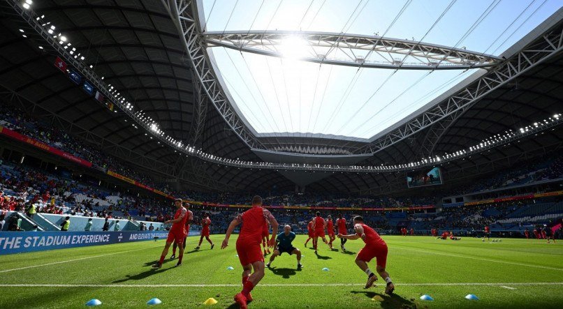 Seleção da Suiça no Estádio Al-Janoub, onde enfrenta o Camarões na Copa do Catar.