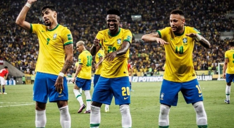 Lucas Paquet&aacute;, Vini Jr e Neymar, da sele&ccedil;&atilde;o brasileira