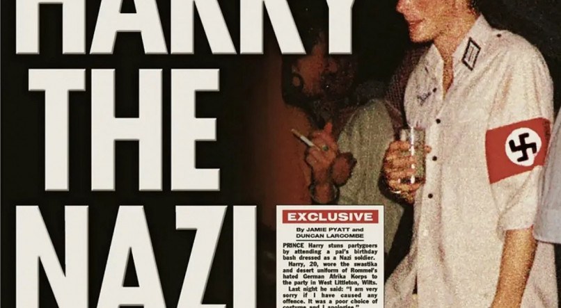 PRINCIPE HARRY NAZISTA Capa do tablóide britânico The Sun com foto de Harry fantasiado de nazista 