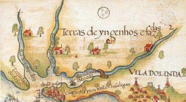 Mapa da segunda metade do século XVI que mostra a Vila de Olinda e o Porto do Recife, por Luís Texeira (1586)