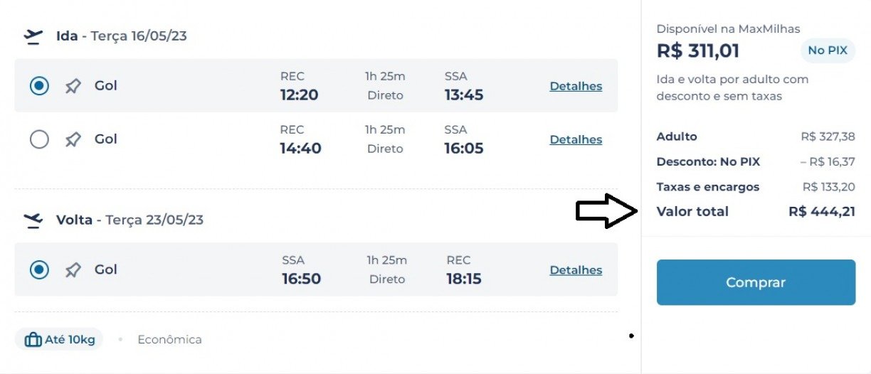 Voo direto da Gol para Salvador por R$ 444 Reprodução site da MaxMilhas