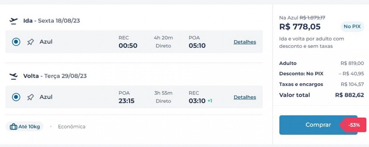 Voo direto da Azul para Porto Alegre Reprodução MaxMilhas