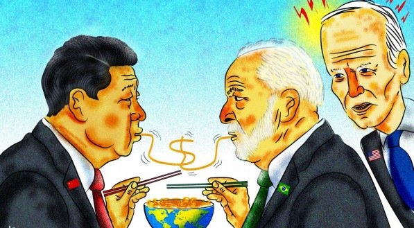 Lula com presidente da China, Xi Jinping, sob o olhar de Biden