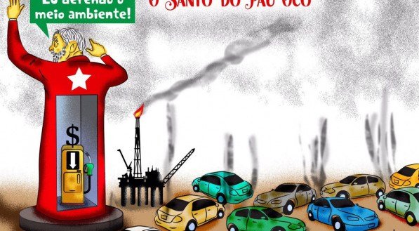 Ilustração critica postura de Lula, que fora do País tenta colocar o Brasil na vanguarda da discussão sobre a crise climática mundial, mas internamente faz política pelo automóvel no lugar de estimular o transporte público e os modais ativos