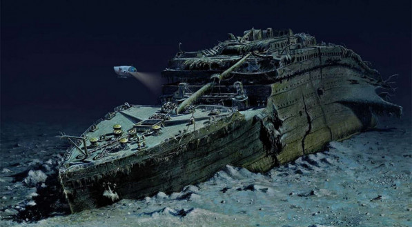 Ilustração de Andrea Gatti que simula passeio do submarino Titan pelos destroços do Titanic.