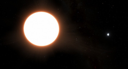 Impressão artística do exoplaneta (planeta brilhante) LTT9779b orbitando sua estrela hospedeira. O planeta tem aproximadamente o tamanho de Netuno e reflete 80% da luz que incide sobre ele