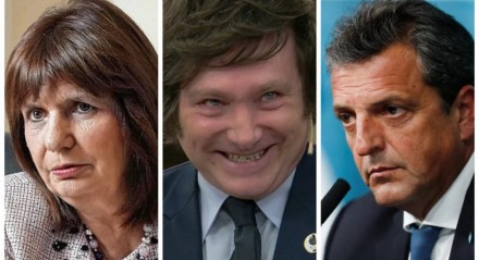 Patricia Bullrich, Javier Milei e Sergio Massa, candidatos a presidente da Argentina
