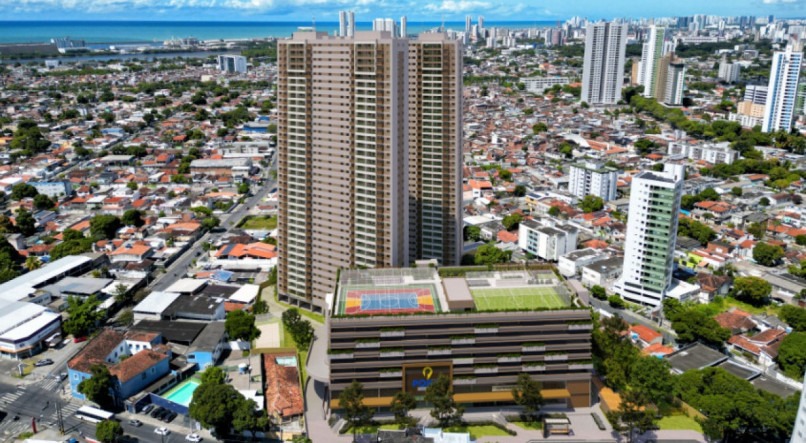 Imagem aérea do Belém Boulevard e do centro comercial integrado ao condomínio  