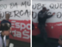 PM empurra torcedor do Santa Cruz que batia na lateral do ônibus para apoiar o clube