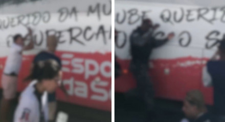 PM empurra torcedor do Santa Cruz que batia na lateral do ônibus para apoiar o clube