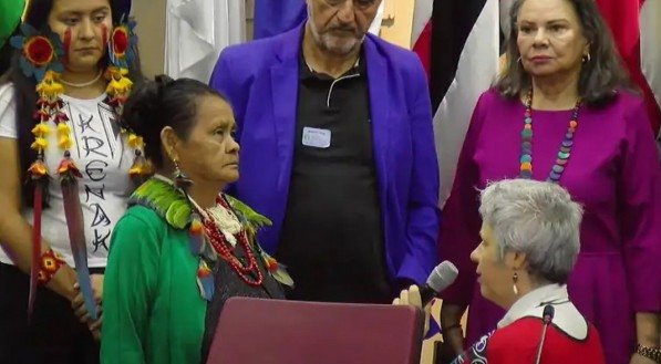 Presidenta da Comissão, Enéa de Stutz e Almeida, pede desculpas de joelhos às comunidades krenak e guarani-kaiowá