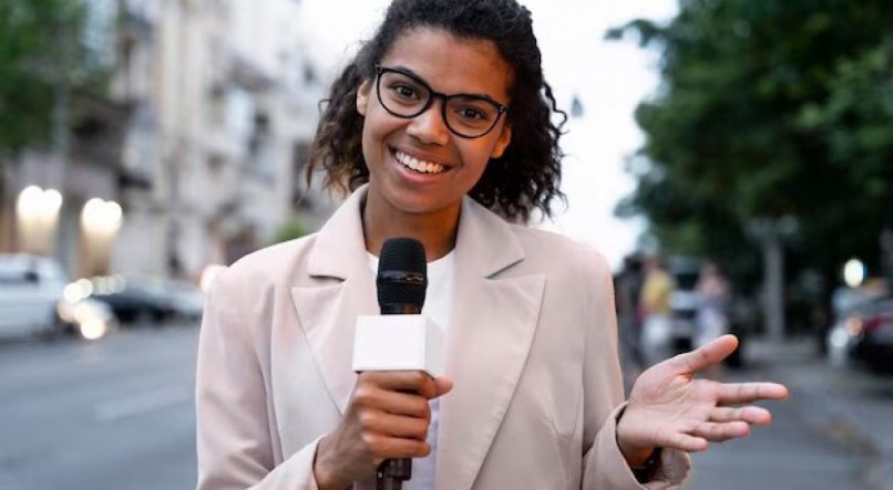 Imagem ilustrativa representando uma mulher negra jornalista sorrindo com um microfone na mão