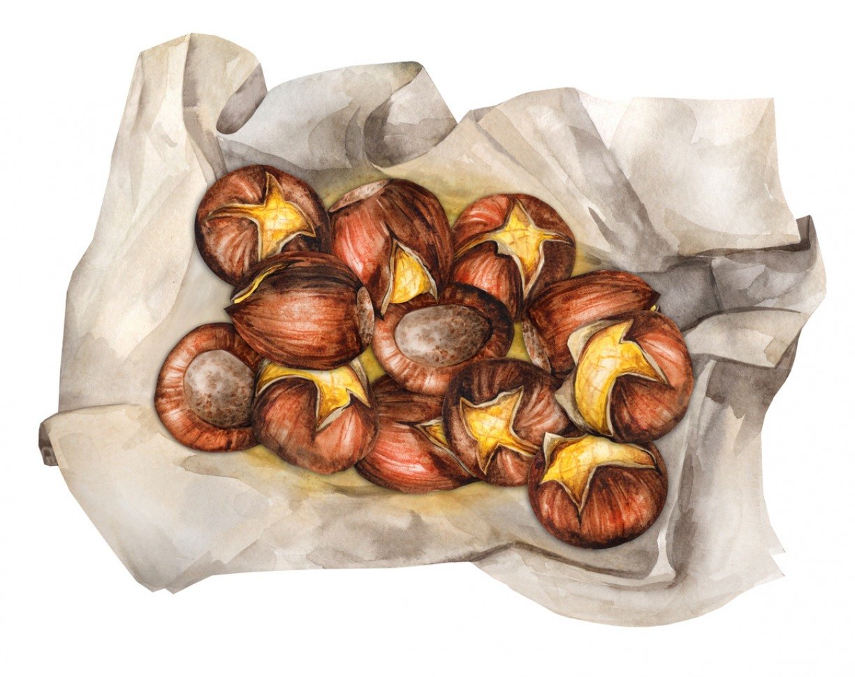 Watercolor hand drawn sweet roasted chestnuts/iStock