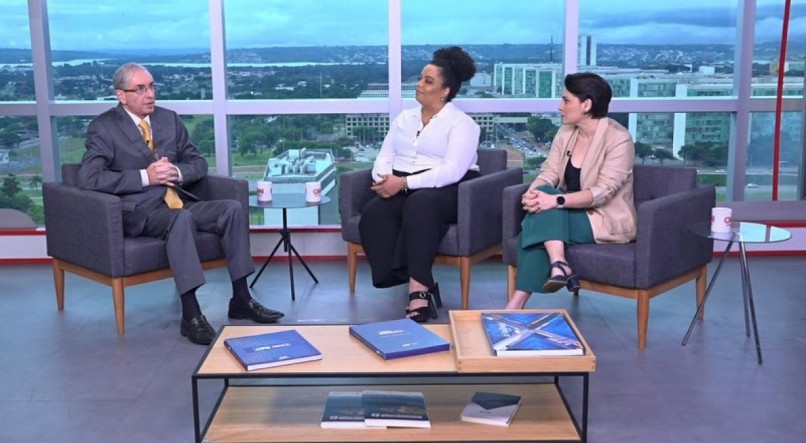 Eduardo Cunha, Basília Rodrigues e Larissa Rodrigues nos estúdios CNN Brasil em Brasília
