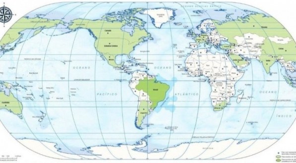 O novo mapa-múndi, feito pelo IBGE, coloca o Brasil no centro do mundo