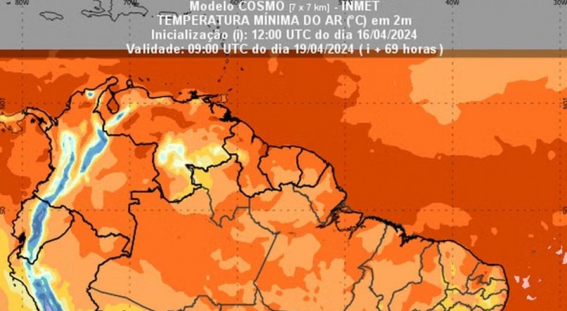 Mapa do Brasil mostra queda de temperatura para as regiões Sul, Sudeste e Cetro-Oeste nos próximos dias.