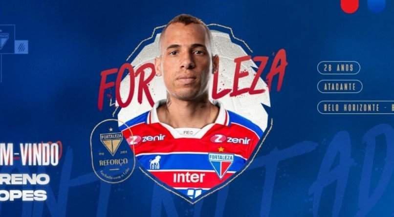 Breno Lopes ao centro da arte de divulgação da contratação feita pelo Fortaleza