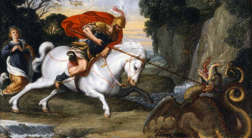 São Jorge é representado derrotando um dragão, simbolizando o mal