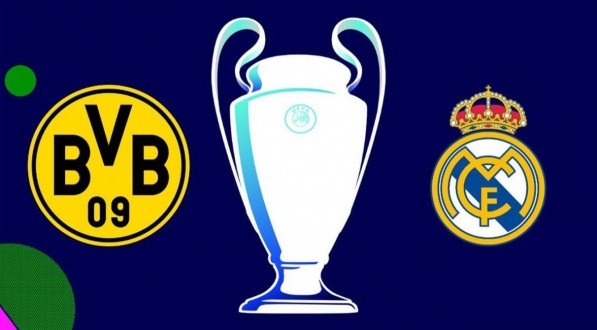 Imagem: escudo do Borussia, taça da Champions e escudo do Real
