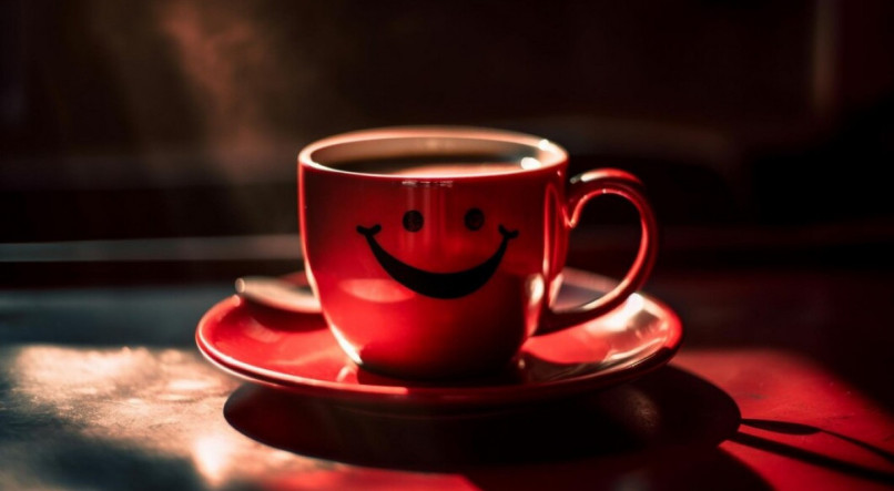 Imagem ilustrativa para frases de bom dia sexta-feira que mostra uma xícara de café vermelha gravada com emoticon de sorriso