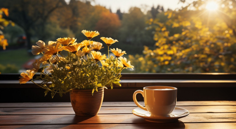 Imagem ilustrativa para mensagem de bom dia que mostra uma manh&atilde; ensolarada, com vista para uma mesa com uma x&iacute;cara de caf&eacute; e um jarro de flores, tendo um jardim de fundo