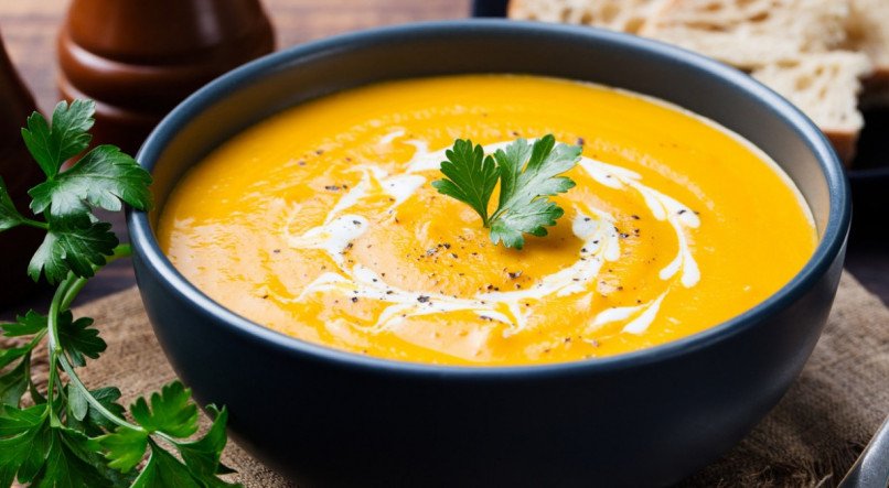 Abóbora e sopa de cenoura com creme e salsinha