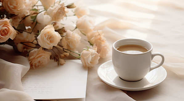 Imagem ilustrativa para mensagem de bom dia mostrando caf&eacute; na cama