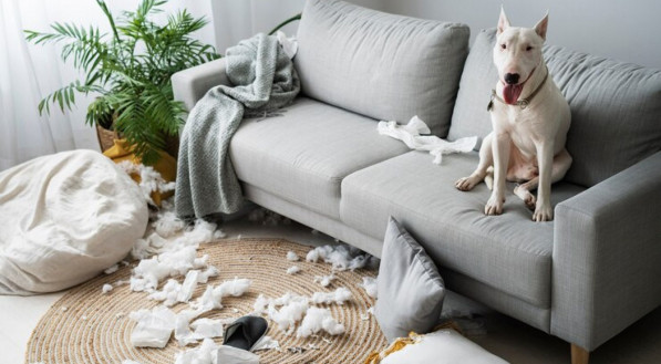 Imagem ilustrativa mostrando cachorro no sofá em sala bagunçada