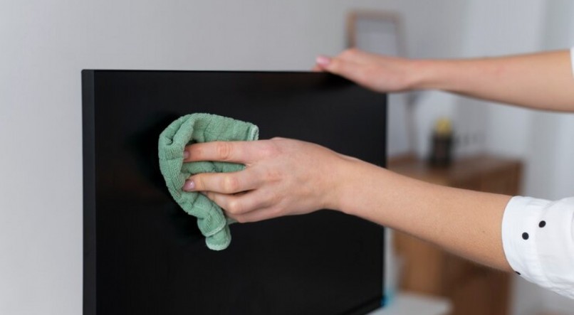 Imagem ilustrativa de pessoa mostrando como limpar tela de televisão
