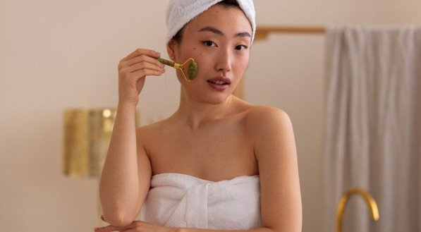 Imagem ilustrativa de mulher usando rolinho facial