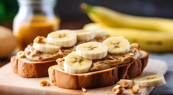 Imagem de pão com pasta de amendoim e banana. 
