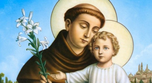 Imagem ilustra Santo Antônio segurando o menino Jesus