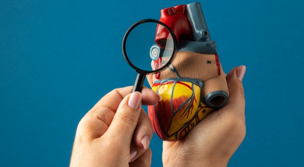 Vista do modelo anatômico do coração para fins educacionais com lupa
