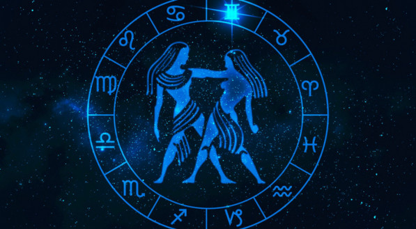 Gemini horoscope sign in twelve zodiac with galaxy stars background, graphic of polygon man thinking 