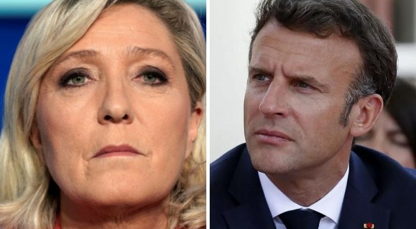 Imagem ilustra Marine Le Pen (à esq.) e Emmanuel Macron (à dir.), no centro da disputa parlamentar das eleições francesas