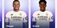 Imagens de Kylian Mbappé (E) e Endrick (D) posando com a camisa do Real Madrid