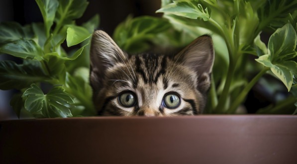 Imagem de gato dentro de vaso de plantas
