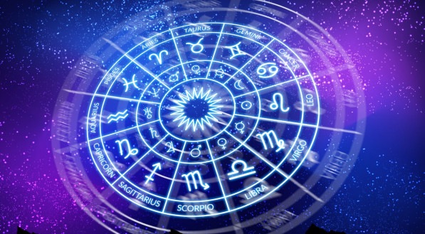 Zodiac circle on the background of the dark space. Astrology. The science of stars and planets. Esoteric knowledge. Ruler planets. Twelve signs of the zodiac