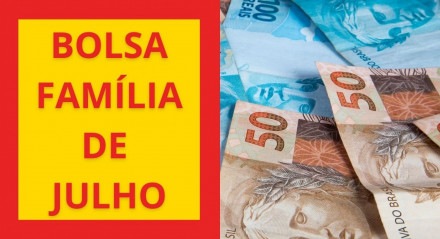 Imagem na cor vermelha ilustra o Bolsa Família com notas de dinheiro ao lado direito