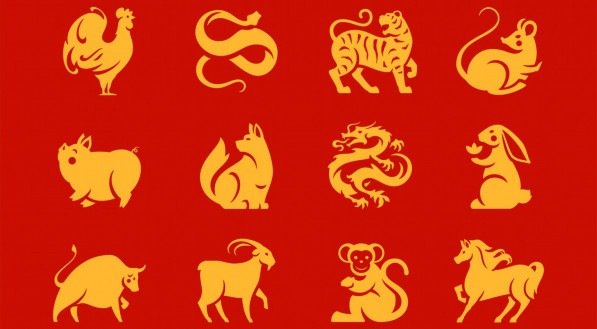 China New Year Asian horoscope animals golden symbols icon set vector flat illustration. Traditional Chinese astrology zodiac characters monochrome emblem Oriental prosperity cultural folk logo design