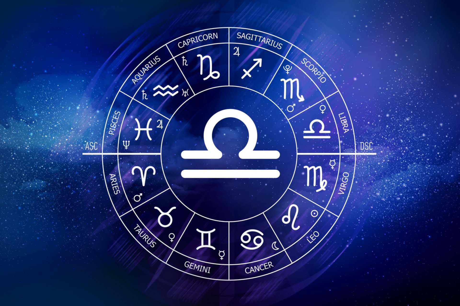 Libra zodiac sign. Abstract night sky background. Libra icon on blue space background. Zodiac circle on a dark blue background of the space. Astrology. Cosmogram. twelve signs of the zodiac