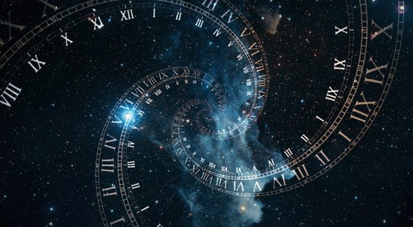 The composition of the space of time, the flight in space in a spiral of Roman clocks 3d illustration