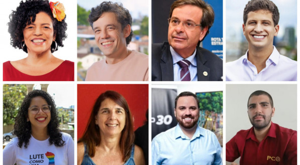 Mosaico com os oito candidatos à prefeitura do Recife nas Eleições 2024