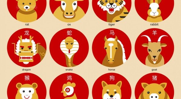 Cute Chinese horoscope zodiac set. Collection of animals sign & symbols of year. China New Year mascots  ( translate: rabbit , dragon, snake, tiger, ox, rat, pig, dog, rooster, monkey, goat, horse  )