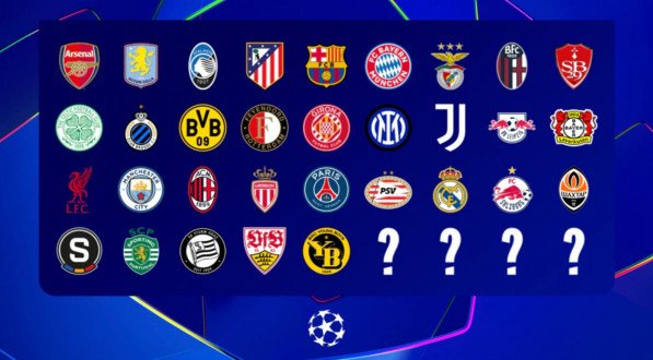 Imagem com os escudos dos times da Champions League 2024/25