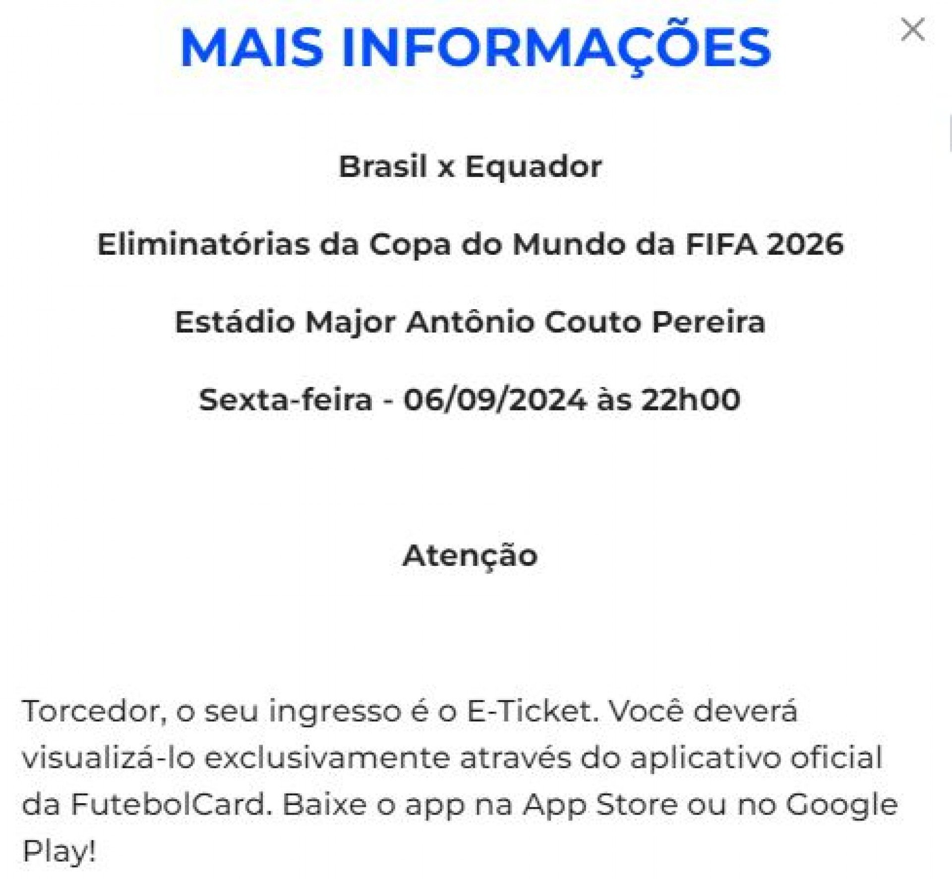 Ingressos para Brasil x Equador são vistos no FutebolCard Reprodução/CBF