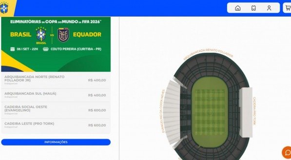 Imagem com valores de ingressos e mapa do estádio para Brasil x Equador