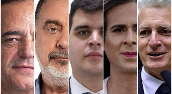 Candidatos Mauro Tramonte, Fuad Noman, Bruno Engler, Duda Salabert e Rogerio Correia, respectivamente.